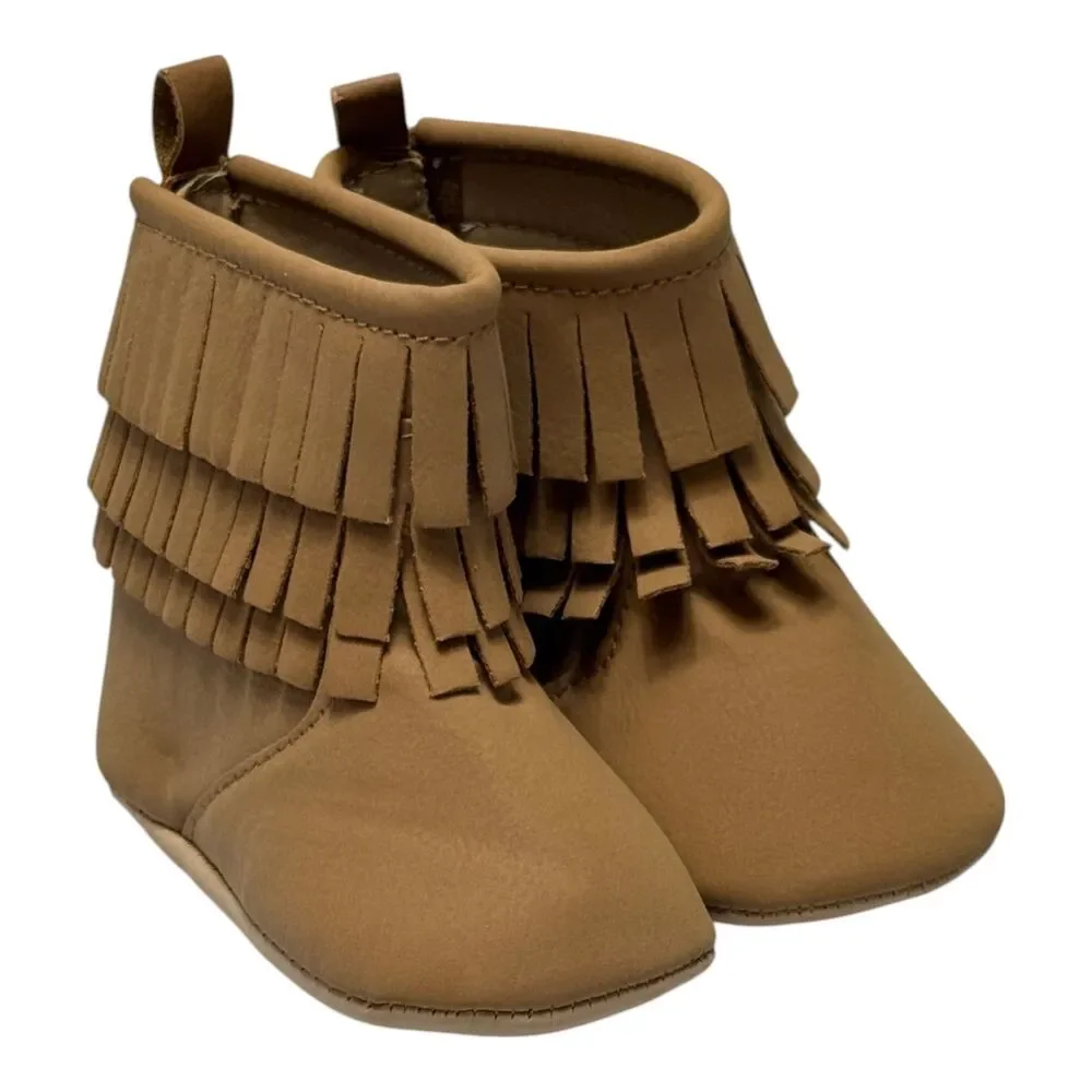 Old Navy Baby Moccasin Booties 3-6 Months Tan Brown Faux Suede Fringe NWT